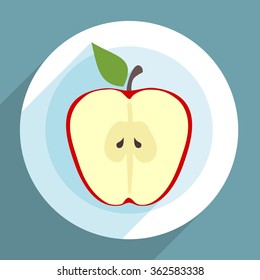 Apple slice on a plate in flat design with long shadow. Diet theme
