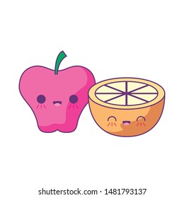 apple with slice of orange fruit kawaii style