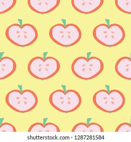 Apple slice pattern. Vector seamless background with illustrated fruits isolated on yellow. Food illustration. Use for card, menu cover, web pages, page fill, packaging, farmers market, summer fabric.