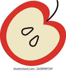 Apple slice with seeds in a bold cartoon style. Fruit half depicted with a thick outline and simple shapes. Cartoon vector illustration.