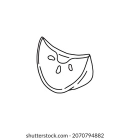 Apple slice segment in black line art, vector illustration isolated on white background. Single hand drawn piece of cut apple. Delicious sweet vegan fruit.