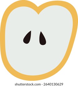 An apple slice with two seeds in a bold outline style. The fruit section is depicted with simple shapes and clean lines. Cartoon vector illustration.