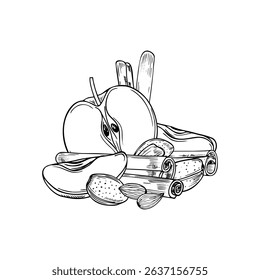 Apple slices, almonds and cinnamon sticks monochrome vector composition. Aromatic seasoning with fresh fruits, nuts, seasoning illustration for food packaging, seasonal menus and cozy winter design