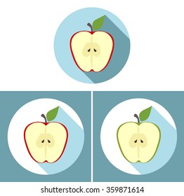 Apple slices in flat design with long shadow isolated on white
