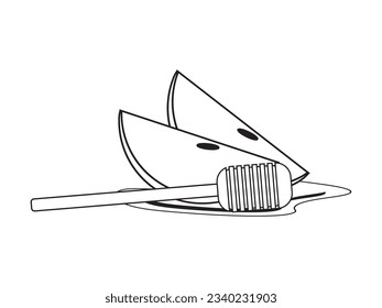 Apple slices with honey, Black White line art fruit illustration