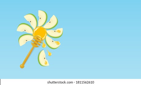 Apfelscheiben und Honigflossen in Blumenform. Konzept für das jüdische Neujahr Rosh Hashanah.  Design Template für Grußkarten, Banner, Poster und Web. Vektorgrafik