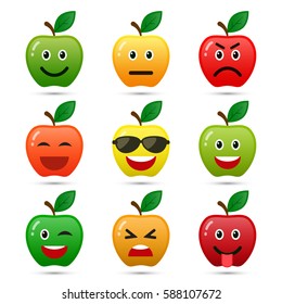 Apple smiley faces, different mood, vector isolated objects.