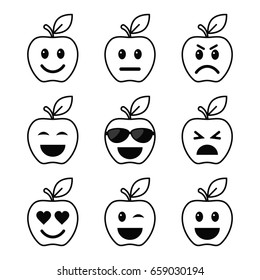 Apple smiley faces set outline icon. Vector isolated different mood symbol.