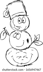 Apple Snowman Character Cute fruit Cartoon Sketch - Snowman Built from Apples - Vector Illustration