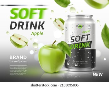 Apple soda in can banner. Realistic aluminium container with fruit sparkling water. Advertisement poster. Soft drink. Carbonated lemonade packaging with condensation