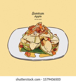 Apple Som tum or apple salad, thafood. hand draw sketch vector.