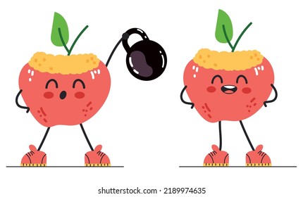 Apple sport character finess activity mascot isolated set. Vector graphic design illustration