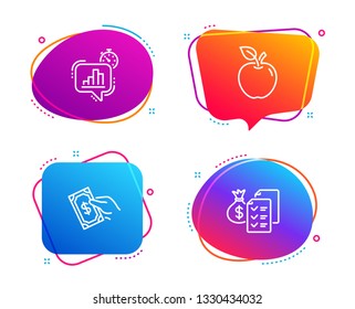 Apple, Statistics timer and Pay money icons simple set. Accounting wealth sign. Fruit, Growth chart, Hold cash. Audit report. Business set. Speech bubble apple icon. Colorful banners design set
