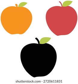 Apple with a stem and a leaf, filled with red and green color. Drawing in one line art style with editable black stroke on a white background.