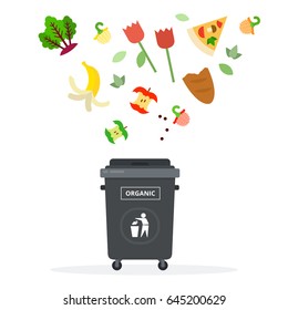 Apple sticks, bread slice, slice of pizza, banana peel and other food residues fly over the trash can vector flat material design isolated on white