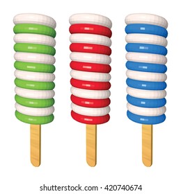 Apple Strawberry and Blueberry Twisted Ice Creams on White. Green Red and Blue Fruit Juice on Wooden Sticks. Low Poly Realistic Vector Illustration.