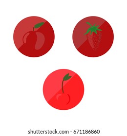 Apple, strawberry and cherry round icons. Vector illustration