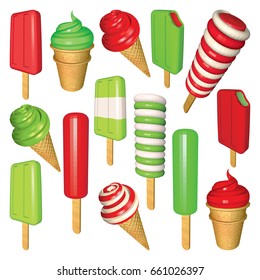 Apple and Strawberry Ice Creams Collection. Set of Ice Creams and Popsicles Isolated on White. Popsicles Cones and Cups in Red and Green. Low Poly Vector Illustration.