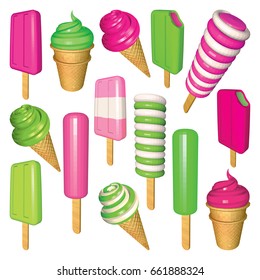 Apple and Strawberry Ice Creams Collection. Set of Ice Creams and Popsicles Isolated on White. Popsicles Cones and Cups in Pink and Green. Low Poly Vector Illustration.