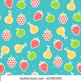 Apple, Strawberry and Pear Fruit Background Pattern on a Blue Trendy Design for the Web. Vector illustration