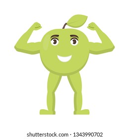 Apple strong icon, fruit with a smile on his face, healthy food character in cartoon style