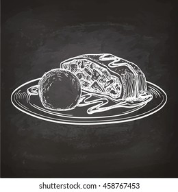 Apple strudel. Chalk sketch on blackboard. Hand drawn vector illustration. Retro style.