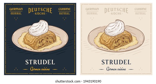 Apple Strudel with cream on plate pastry sweet retro vintage illustration