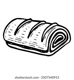 Apple strudel hand drawn doodle. Baked roll pie. Puff pastry. Sweet biscuit dessert food. Confectionery sugar pastry. Bakery product. Vector outline line art illustration.