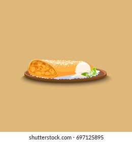 Apple strudel with ice cream on a tray. Vector illustration