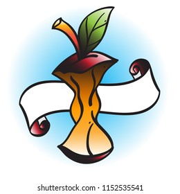 Apple stub and banner-ribbon illustration in the style of old school tattoos.