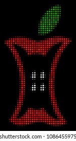 Apple stump halftone vector pictogram. Illustration style is dotted iconic apple stump icon symbol on a black background. Halftone matrix is round dots.