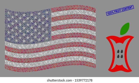 Apple stump icons are grouped into United States flag abstraction with blue rectangle corroded stamp watermark of 100% Fruit Content text.