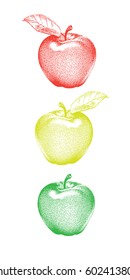 Apple Style Traffic Light Vector Design. Red, Yellow, Green apples Isolated on White Background. Dotted Graphic Technique. Leaves. Realistic Shades. EPS 10