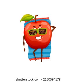 Apple summer fruit character in sunglasses lying on towel isolated funny emoticon on rest. Vector food character summertime leisure activities on beach, travel vacation of farm apple, sunbathing fruit