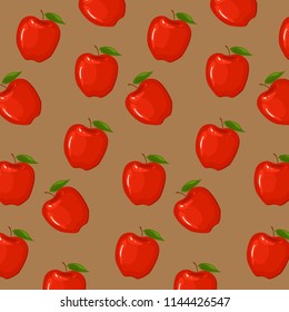 Apple summer pattern with red apples and green leaves isolated on brown background. Fruit concept. Healthy eating