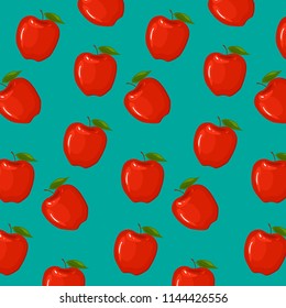 Apple summer pattern with red apples and green leaves isolated on turquoise / blue background. Fruit concept. Healthy eating