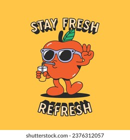 Apple with sunglasses drinking from a glass and peace sign with words Stay Fresh Refresh.