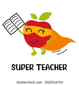 Apple Superhero With Book. Superhero Teacher