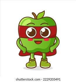 Apple superhero mascot in red cloak and mask. Cartoon Superhero Character Green Apple Flat Design. Vector
