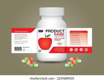 Apple supplement bottle Packaging, Cosmetic packaging. product design. Beauty label, 3d supplement bottle, 3d white plastic Pills box, White medical container. healthcare bottle, realistic mock-up. 