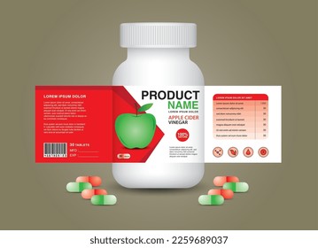 Apple supplement bottle Packaging, Cosmetic packaging. product design. Beauty label, 3d supplement bottle, 3d white plastic Pills box, White medical container. healthcare bottle, realistic mock-up. 
