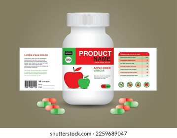Envase con suplemento de Apple, embalaje cosmético. diseño de producto. Etiqueta de belleza, botella de suplemento 3d, caja de almohadas de plástico blanco 3d, contenedor médico blanco. botella de cuidado de la salud, maqueta realista. 