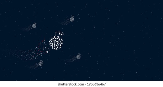 A apple symbol filled with dots flies through the stars leaving a trail behind. Four small symbols around. Empty space for text on the right. Vector illustration on dark blue background with stars