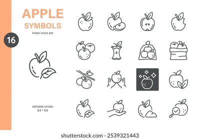 Conjunto de iconos de símbolos de Apple. Ilustraciones de línea delgada de manzanas, cosecha, canastas y núcleo que representan el simbolismo de la fruta y los productos frescos