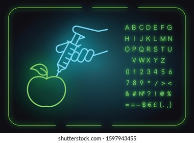 Apple with syringe neon light icon. Genetically modified food. Organic chemistry. DNA modification. Agricultural technologies. Glowing sign with alphabet, symbols. Vector isolated illustration