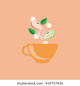 Apple Tea In Orange Cup Flat Bright Color Simplified Vector Drawing On Peach Background