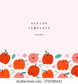 Apple template with fruits illustration, blank card or invitation template, simple hand drawn illustration of garden red apples, modern design, good as menu cover or banner design