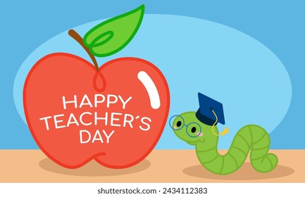 An apple with the text happy teachers day and a caterpillar with graduation cap. Vector Illustration.