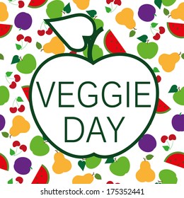 apple with text "veggie day" on seamless fruits background / veggie background