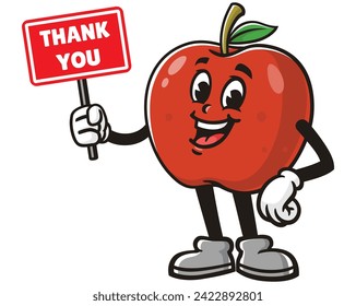 Apple with thank you sign board cartoon mascot illustration character vector clip art hand drawn